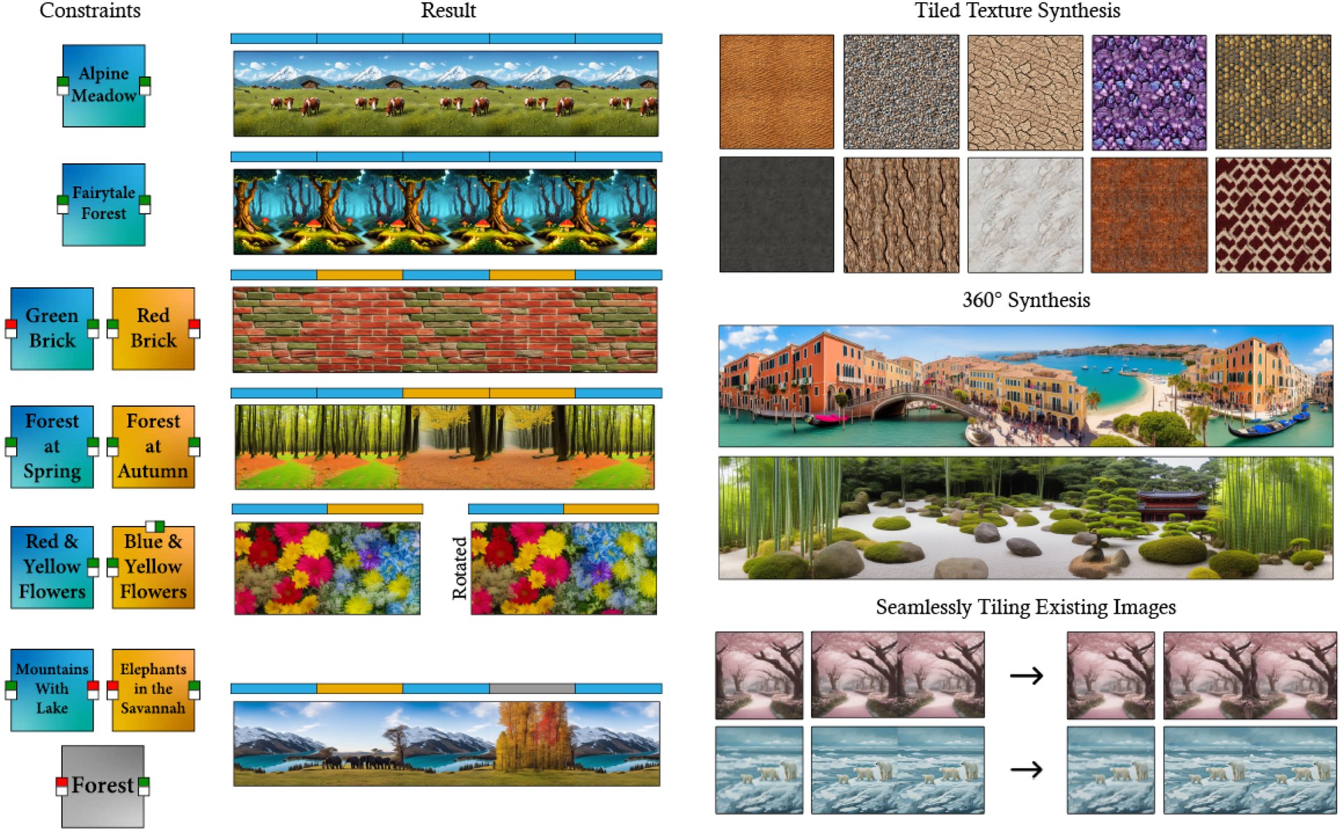 Tiled Diffusion Teaser showing seamless image tiling examples